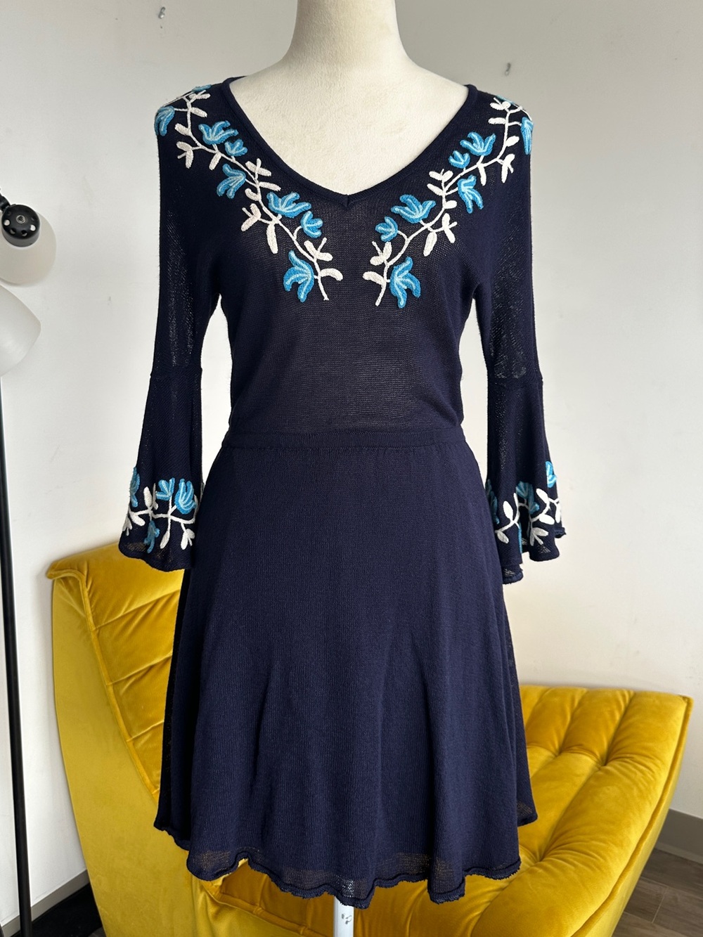 Embroidered Navy Fit&Flare Knit Dress(Made in Brazil)